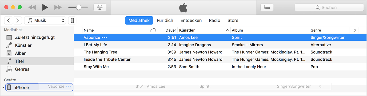 Inhalte aus iTunes auf Ihrem Computer auf das iPod nano und iPod shuffle übertragen