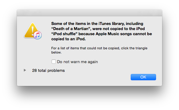 Apple Music songs cannot be copied to an iPod